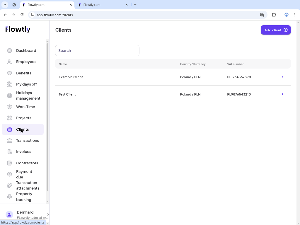 Flowtly Clients module showing the Add client button