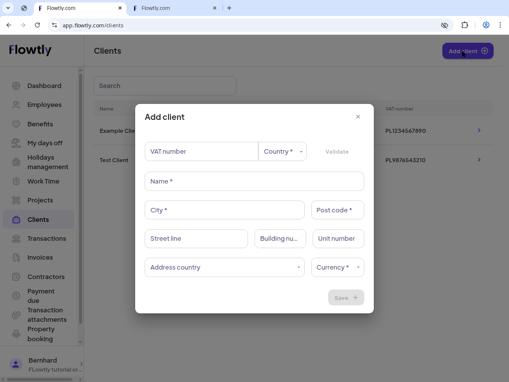 Add client form with VAT, address and currency fields