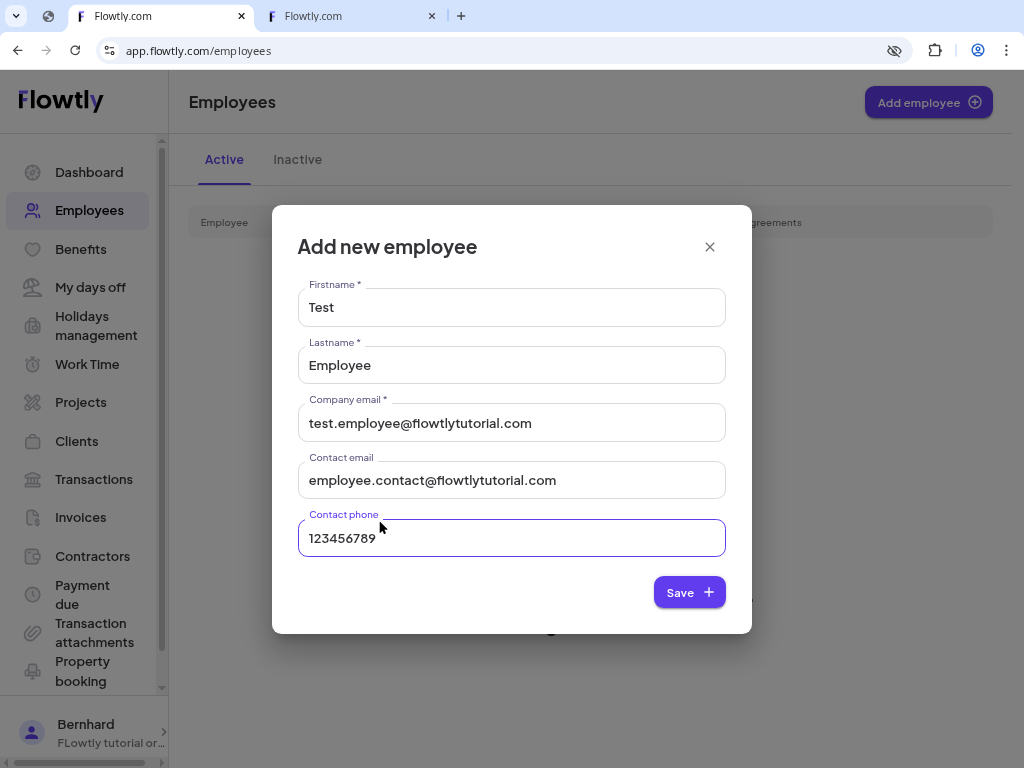 Flowtly Employees module showing the Add employee dialog
