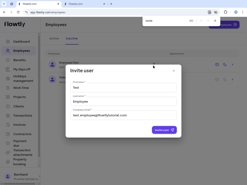 Employees list highlighting the envelope icon and invite modal