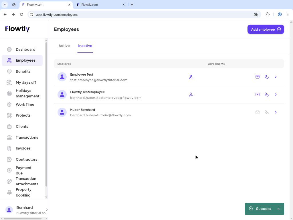 Inactive employee list highlighting the agreements tab