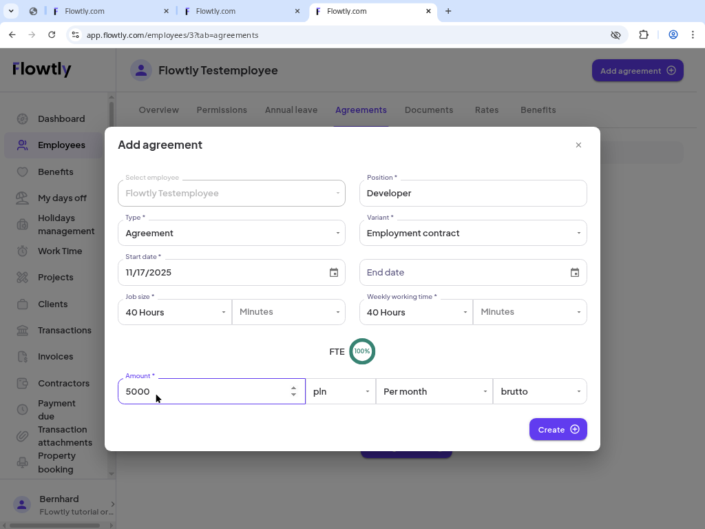 Agreement form showing start date and salary inputs