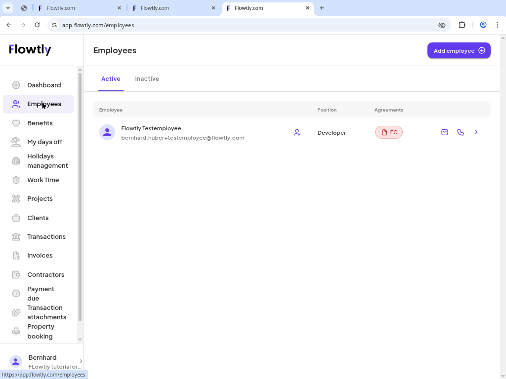 Employees list showing the user in the Active tab with an EC badge