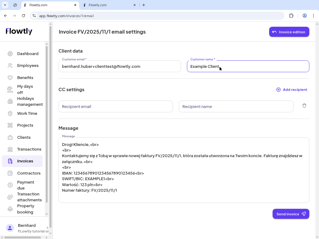Invoice actions with the Generate PDF and send to customer option highlighted