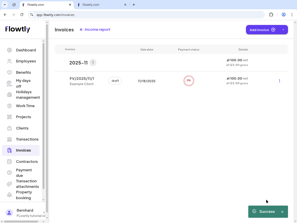 Invoices list showing a sent invoice with success toast