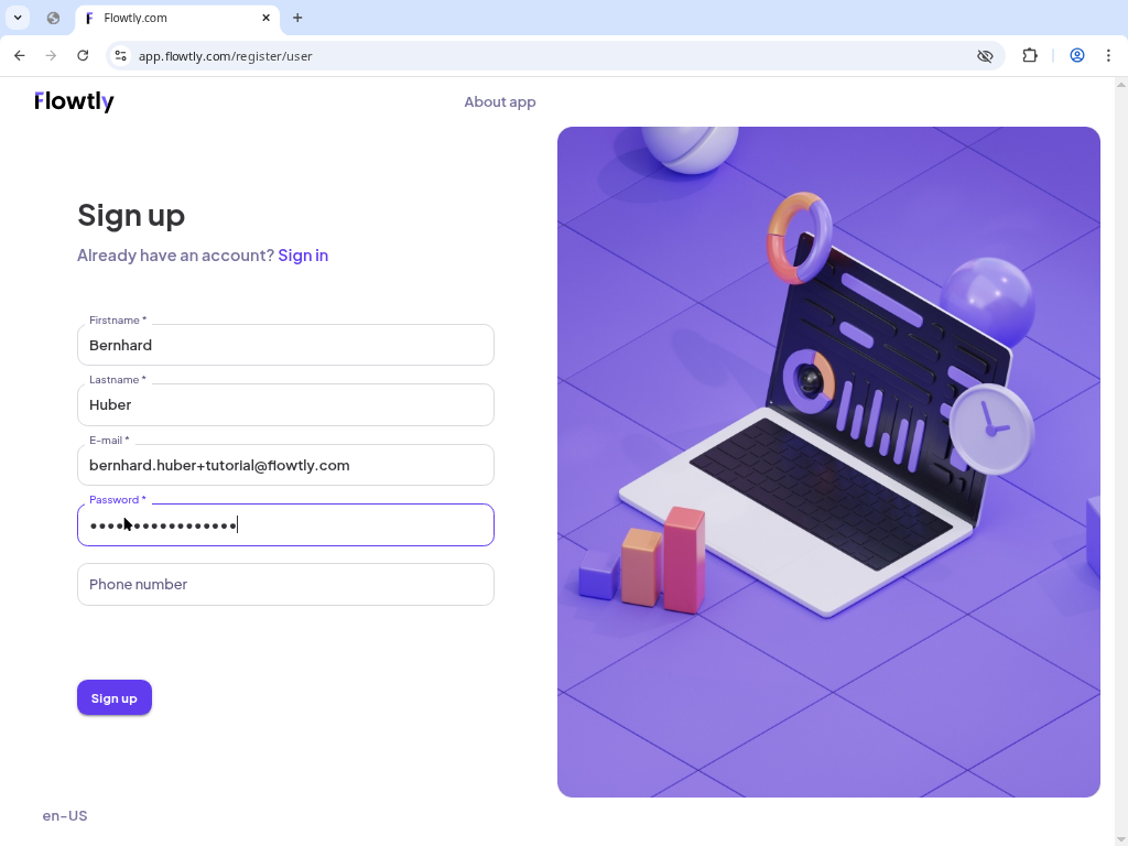 User completing the Flowtly sign up form
