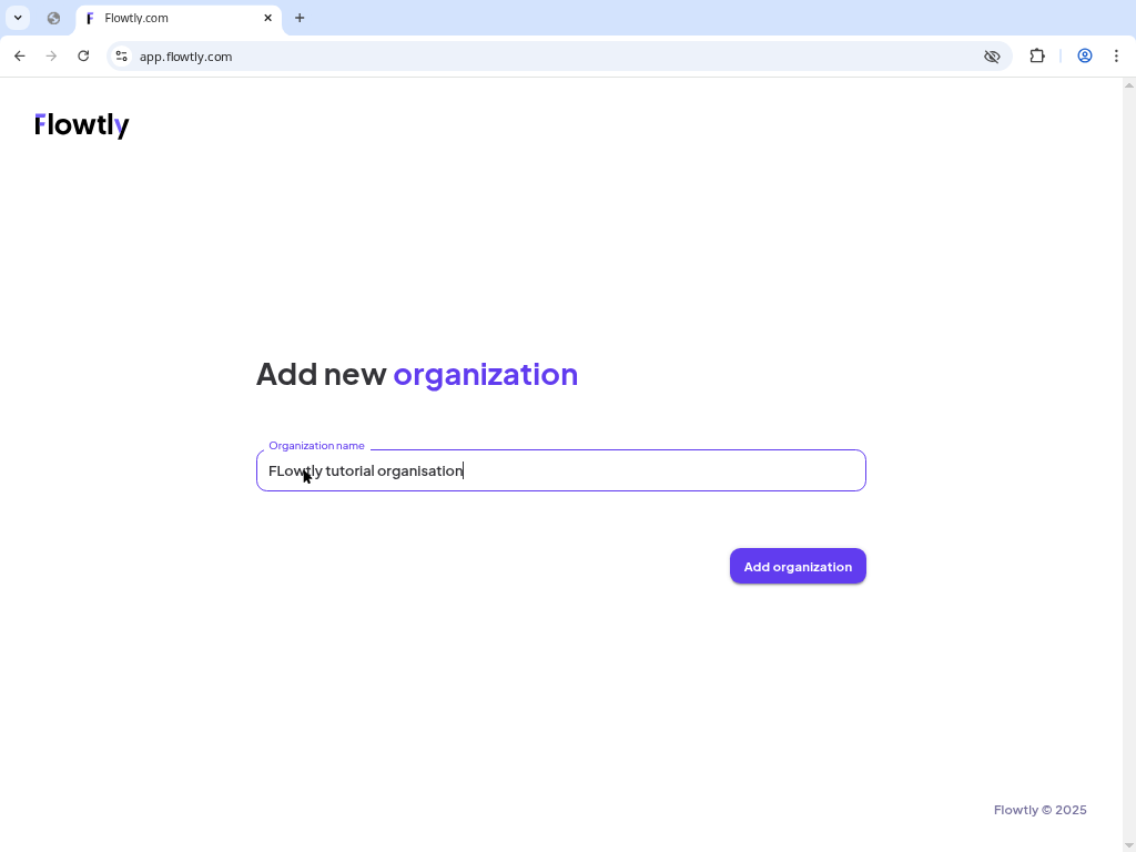 Organization creation modal asking for a name